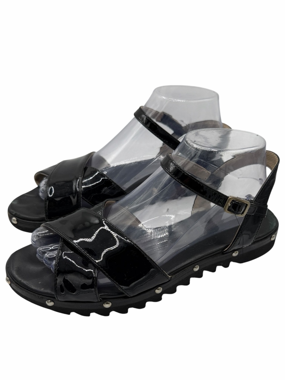 Attilio Giusti Leombruni Black Patent Crisscross Ankle-Strap Sandals Studded 38